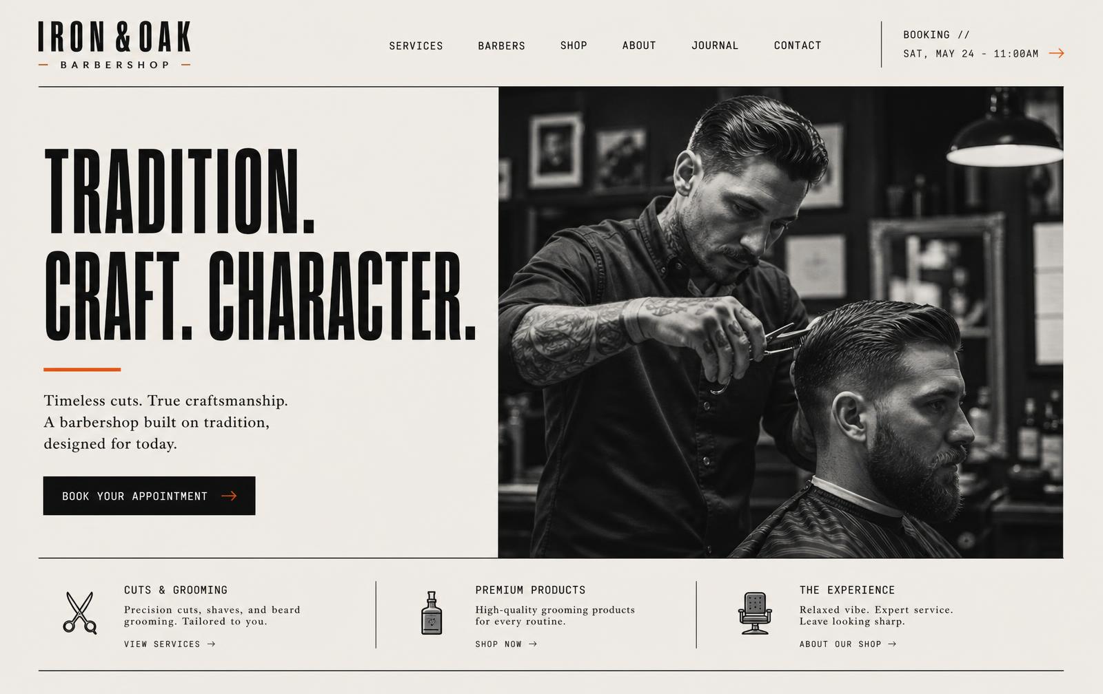 Homepage design for a barbershop, bold condensed type with a black and white portrait