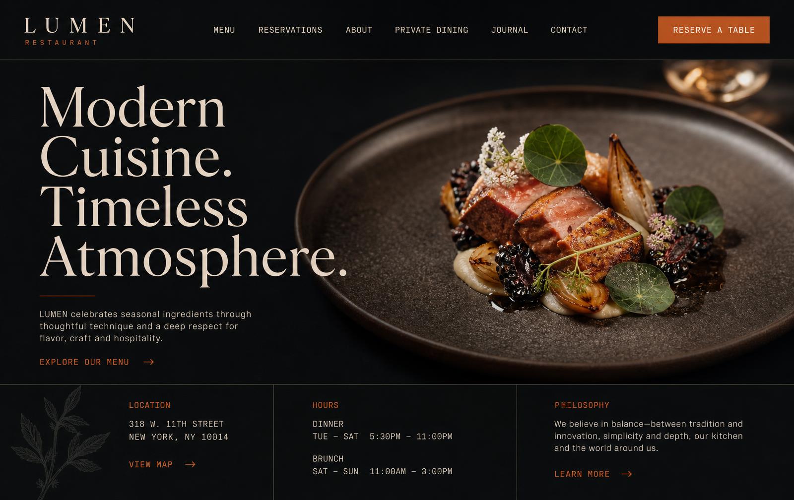Homepage design for a restaurant, dark layout with a large serif headline and dish photography