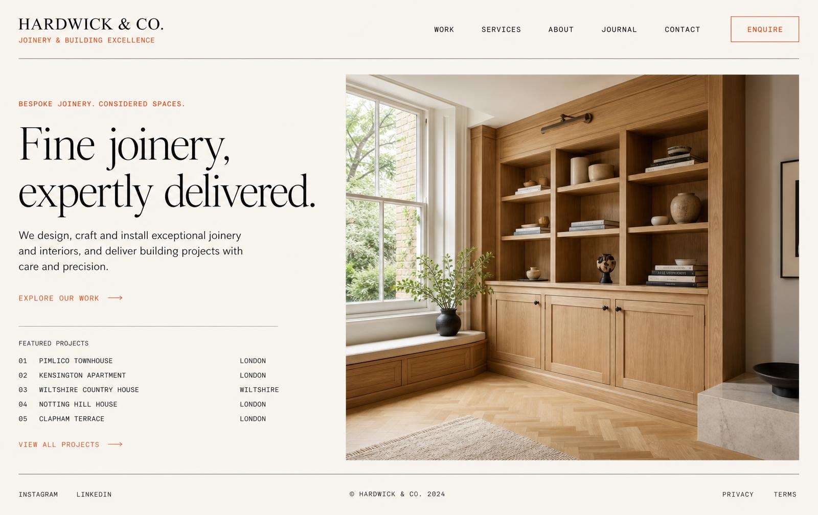 Homepage design for a joinery company, serif headline with a featured project index