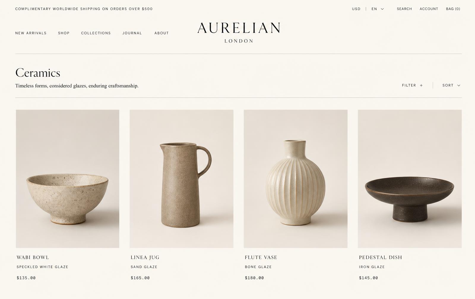 Product grid design for a ceramics shop, cream layout with generous whitespace