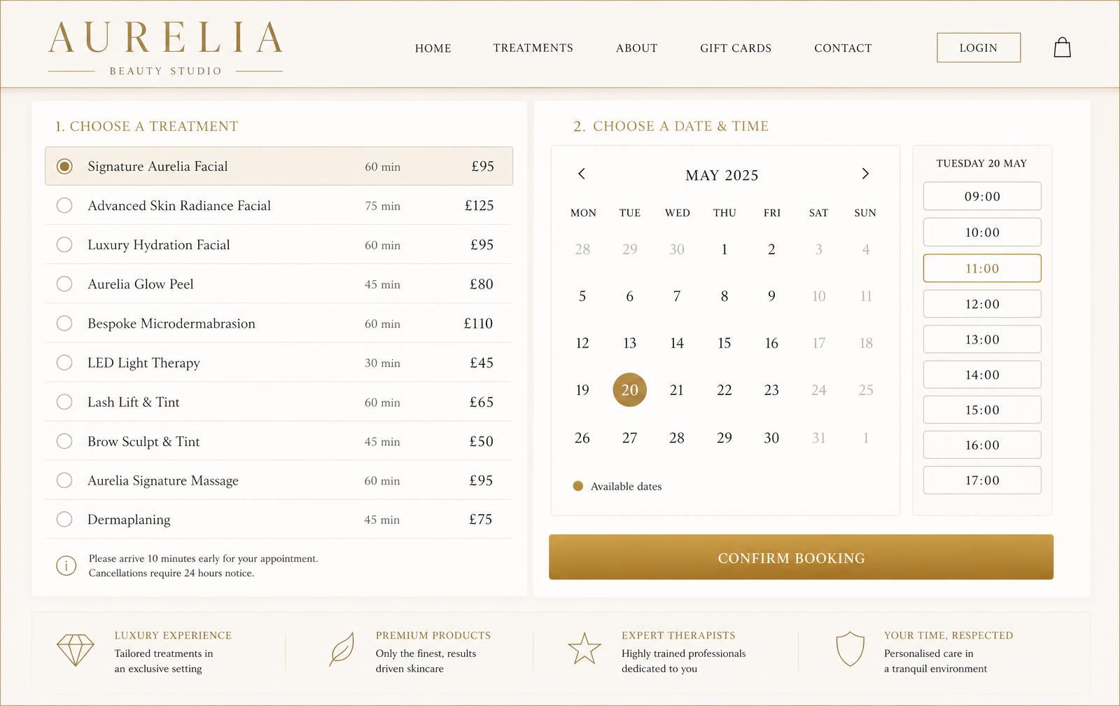 Detail of the Aurelia booking interface showing time slots