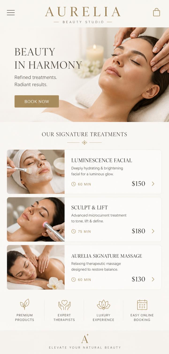 Aurelia website on mobile: wordmark, hero photograph and treatment cards with prices