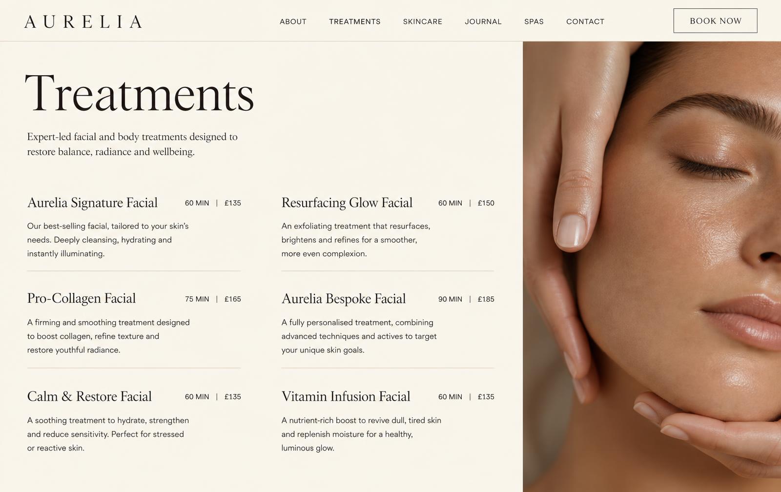 Aurelia treatments page: two-column list of facials with durations and prices