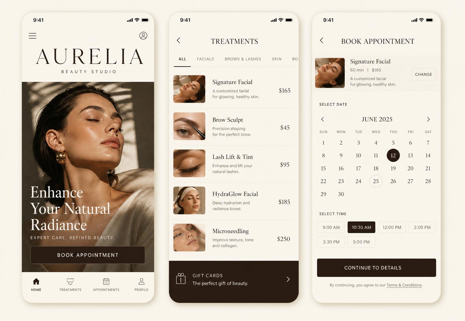 Aurelia booking screen shown on mobile