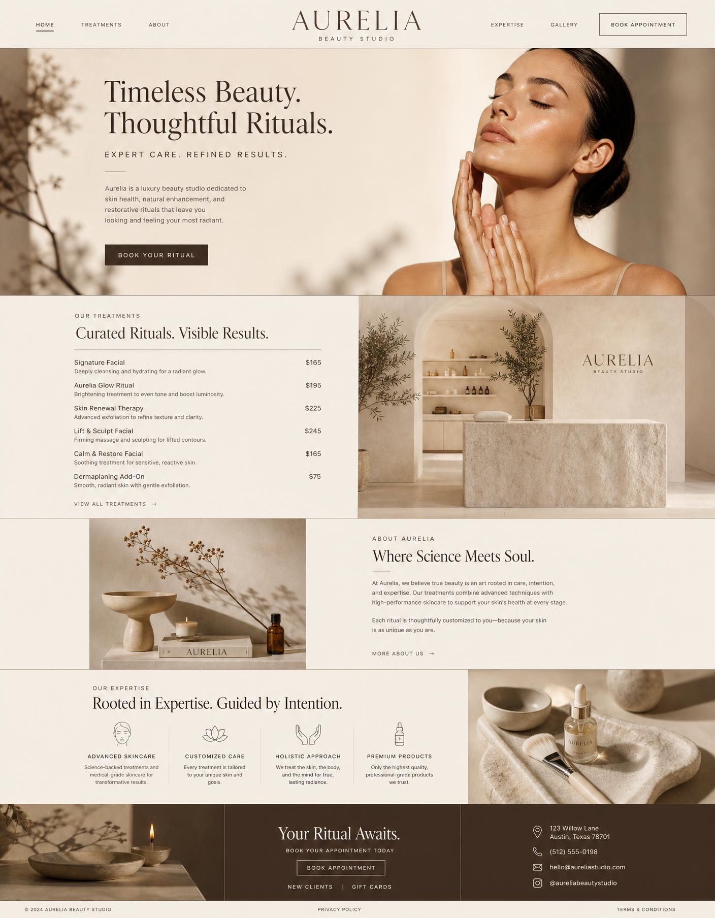 The finished Aurelia website shown across a full-width composition