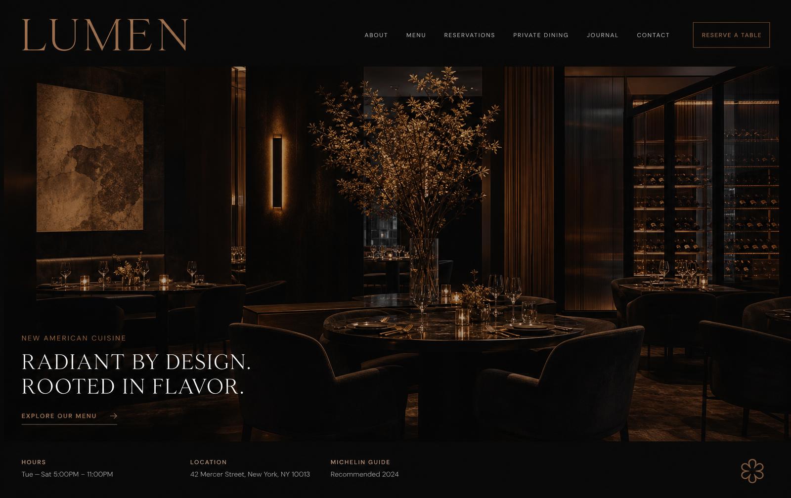 Lumen homepage in a browser: bronze wordmark, full-bleed dining room and reserve button