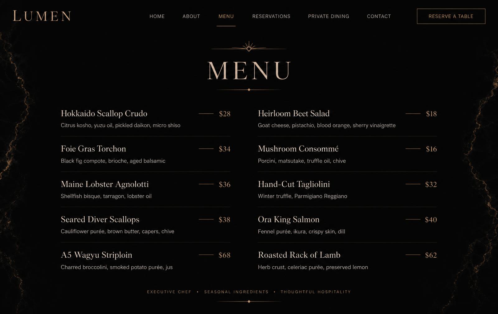 The Lumen menu page scrolling inside a browser frame
