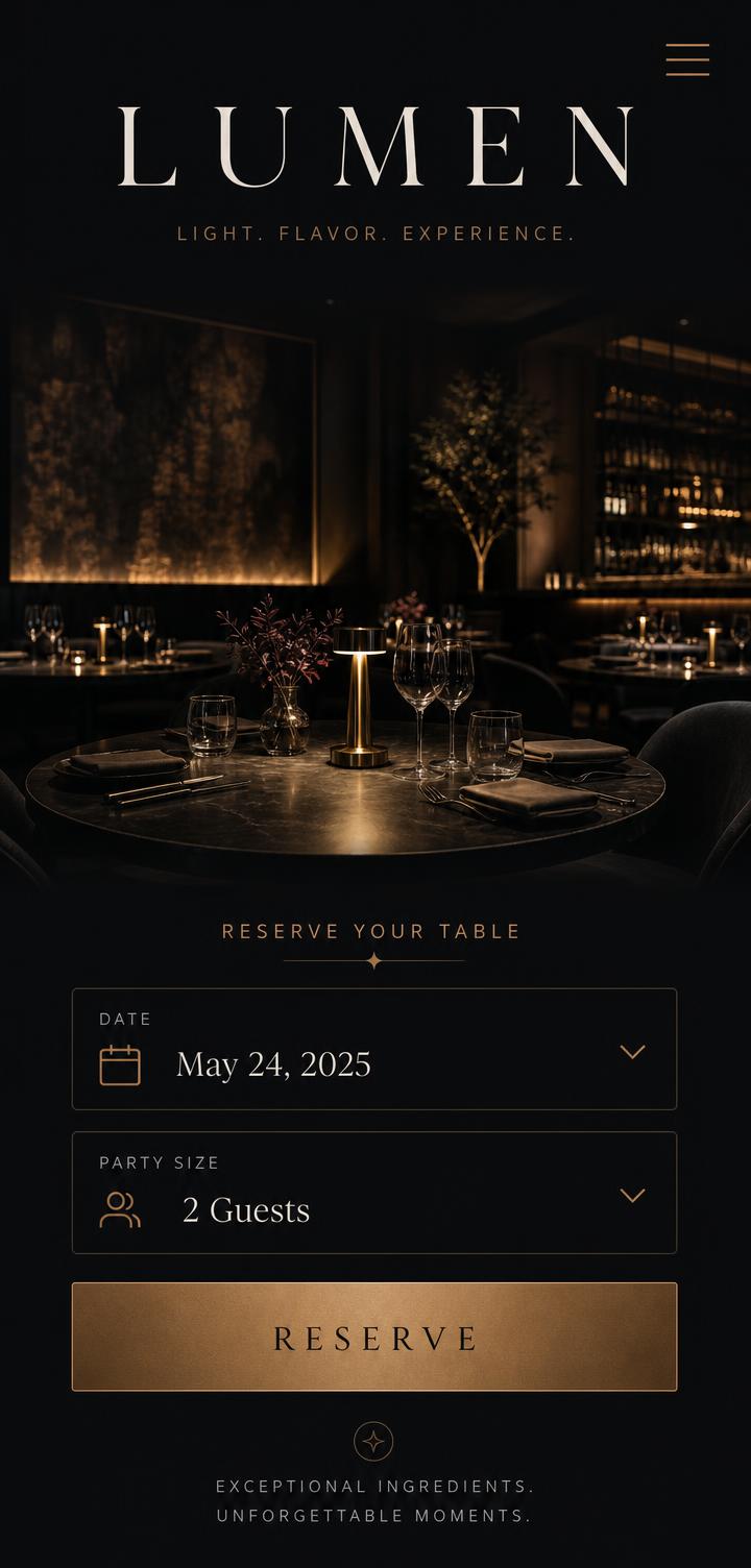 Lumen reservation screen on mobile: date, party size and reserve button