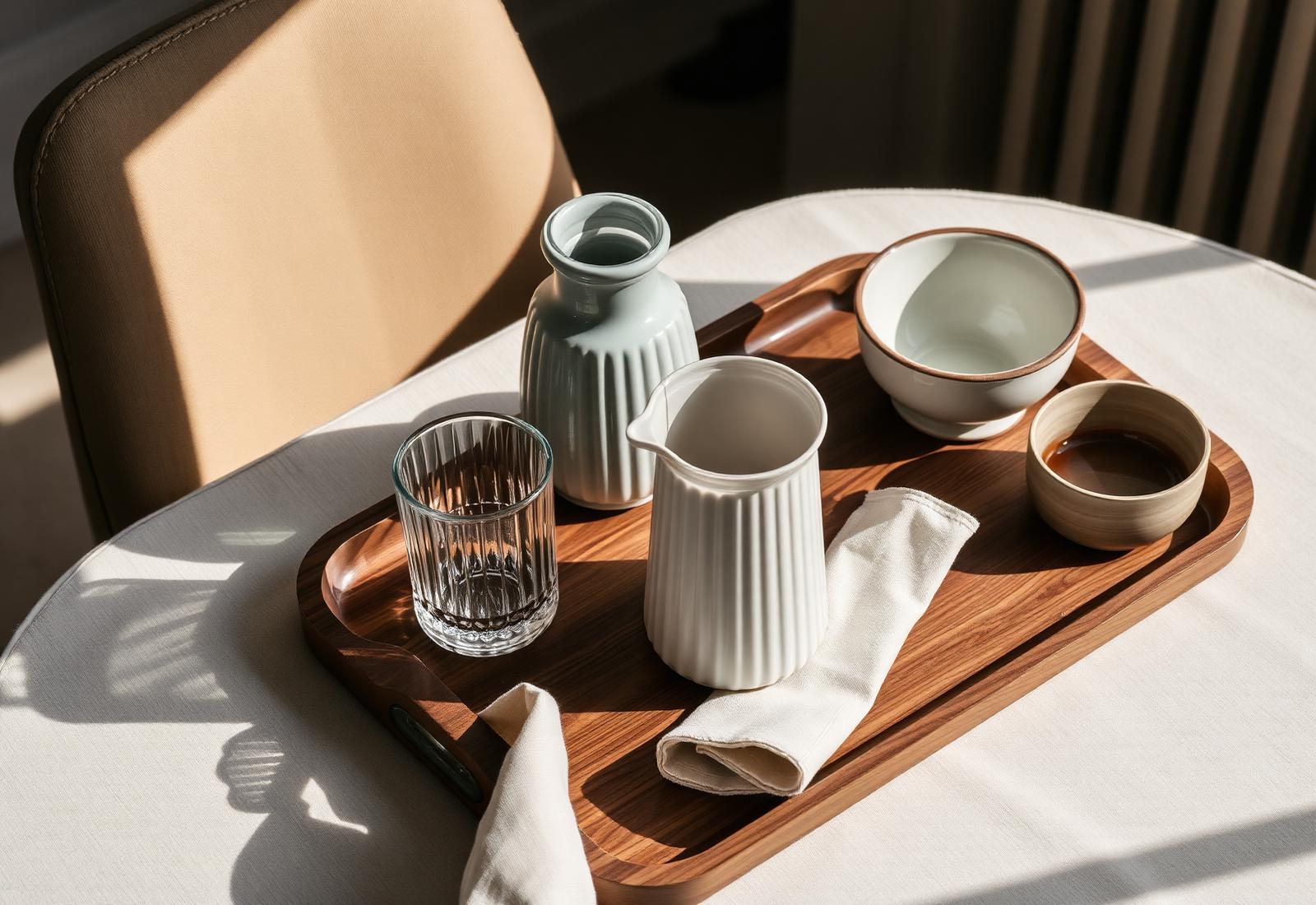 A calm living room scene with a linen sofa, ceramic objects and warm morning light