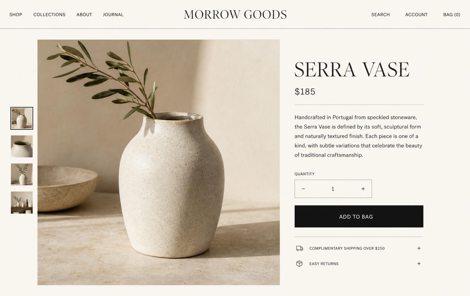 Crop of the Morrow Goods product page: title, price and add to bag button
