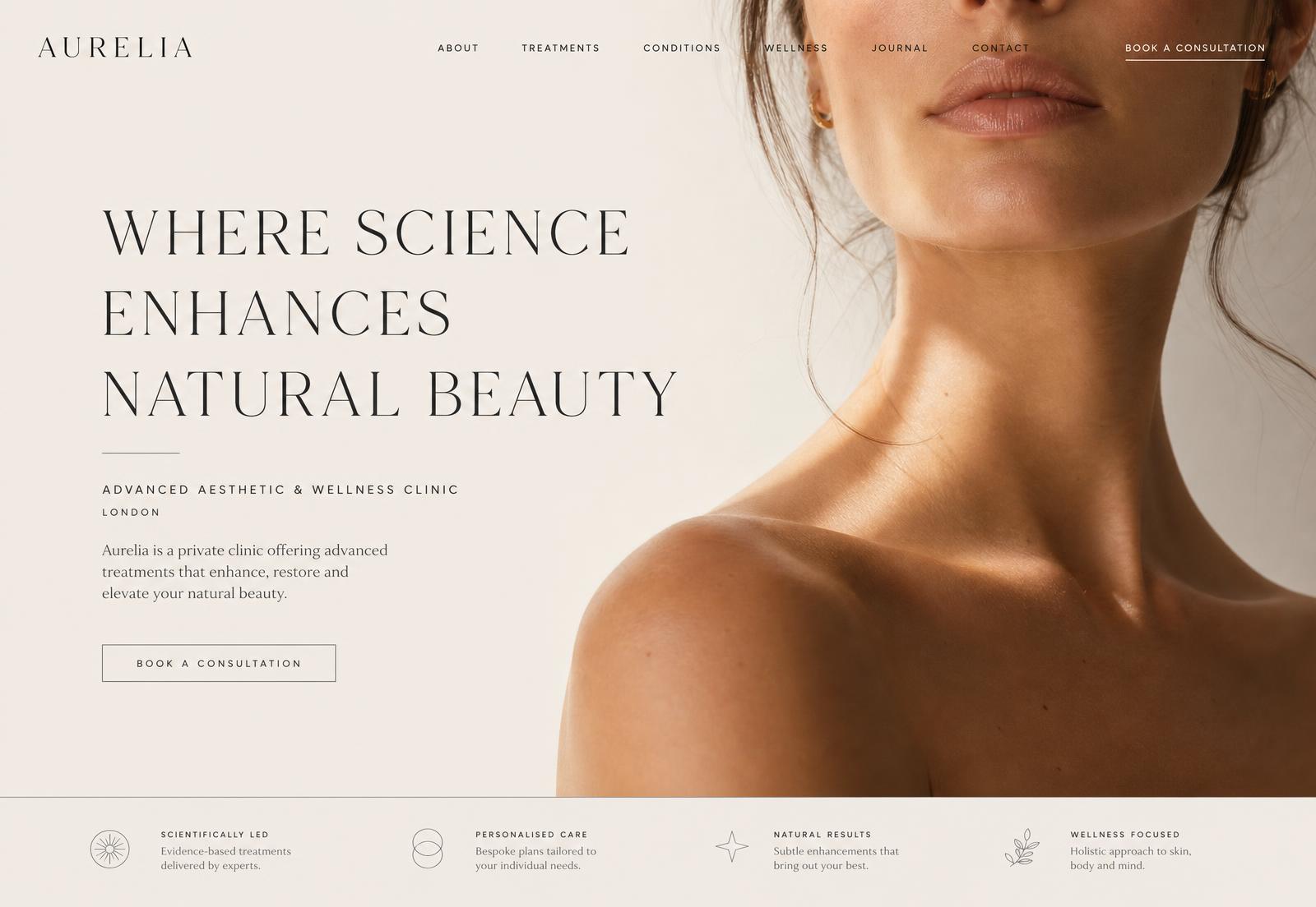 Aurelia beauty clinic website homepage with a large editorial portrait and serif headline