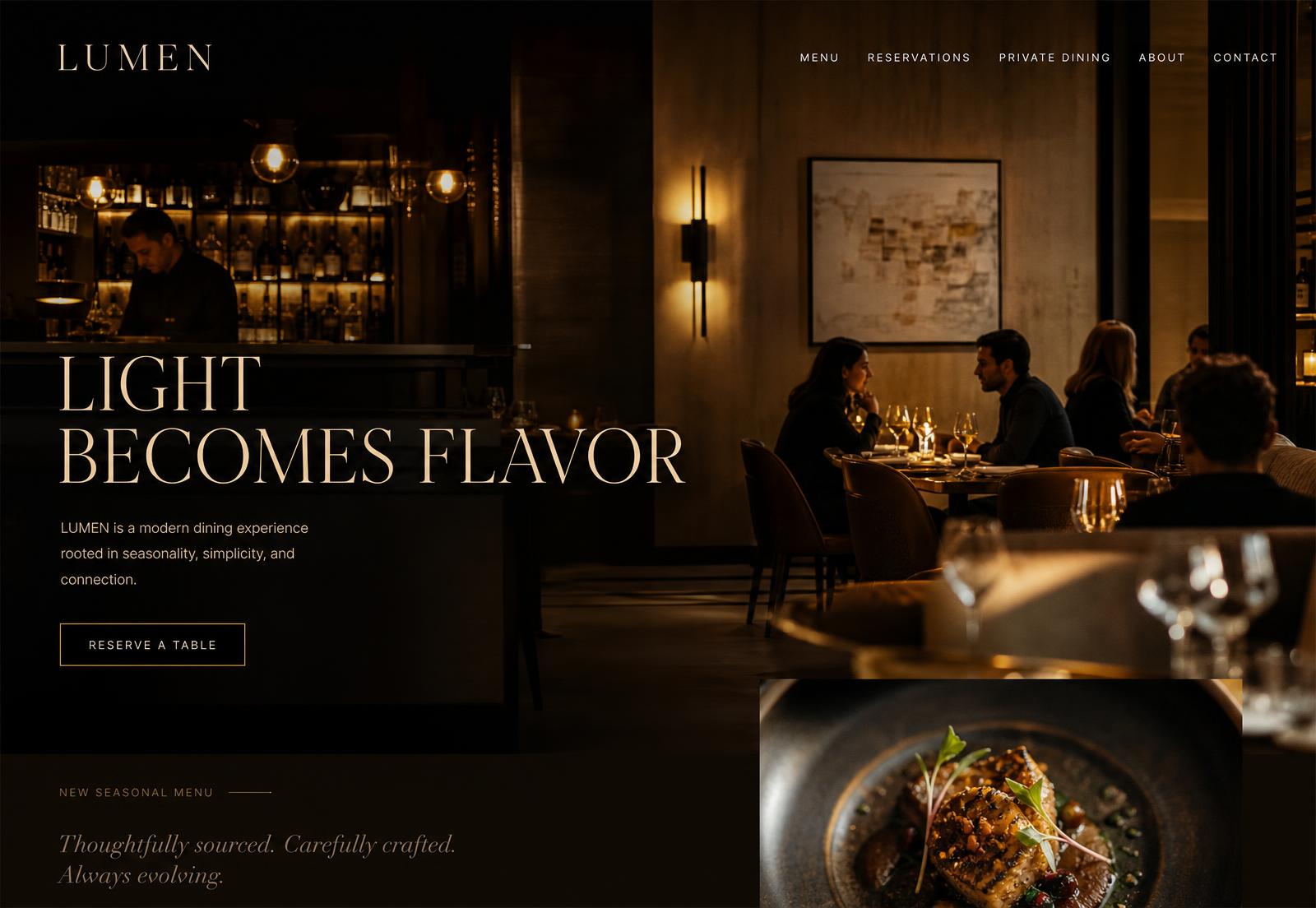 Lumen restaurant website homepage with dark cinematic interior photography