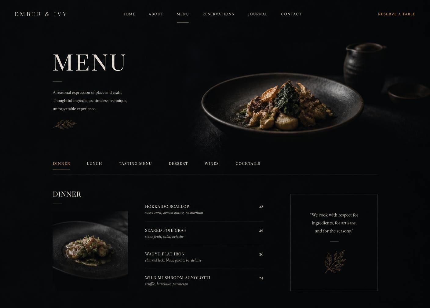 Lumen menu page on a dark background with dish photography and pricing