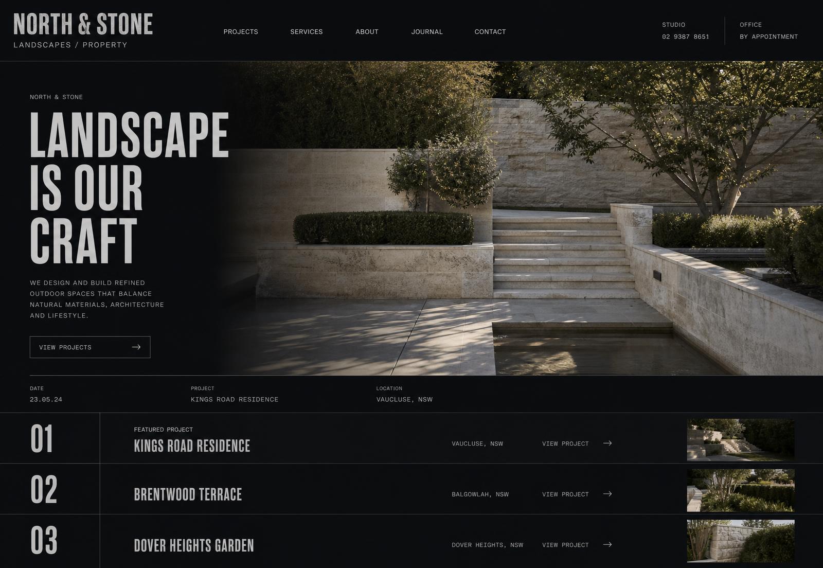 North & Stone landscaping website homepage with a wide garden terrace photograph