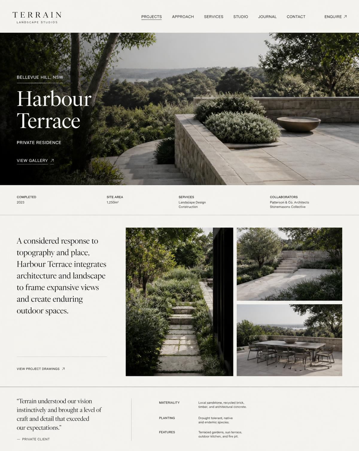 North & Stone project page showing a terraced garden, project facts and image grid